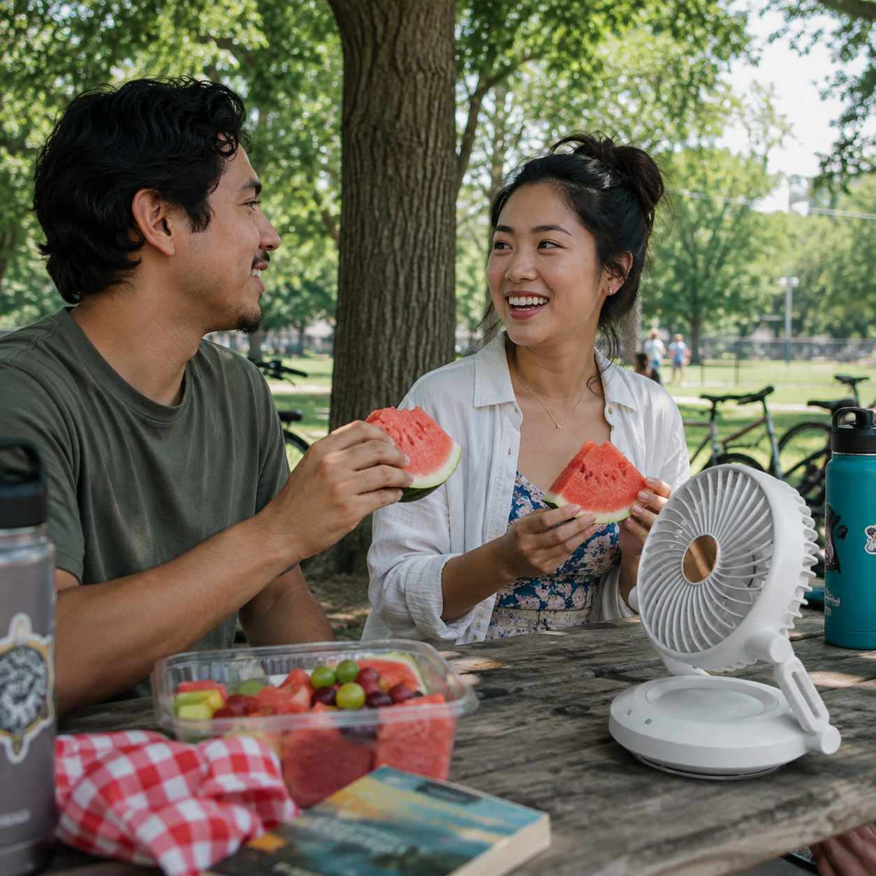 American couple enjoying a park picnic with Montara Flowe™